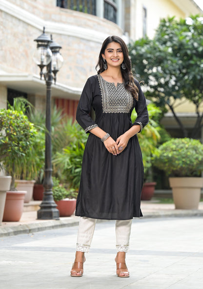 Juniper Women's Black Solid Rayon Kurta With Zari & Sequins - Distacart