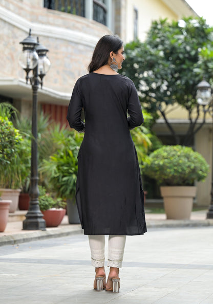 Juniper Women's Black Solid Rayon Kurta With Zari & Sequins - Distacart