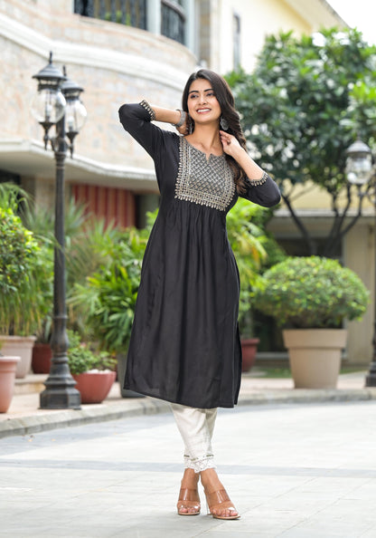 Juniper Women's Black Solid Rayon Kurta With Zari & Sequins - Distacart