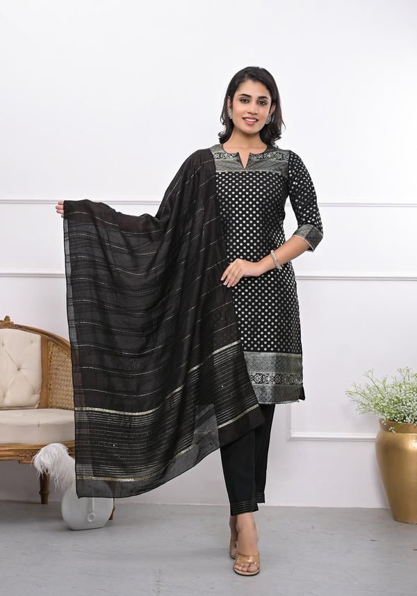 Juniper Women's Black Ethnic Motif Printed Silk Kurta Set With Zari Work - Distacart