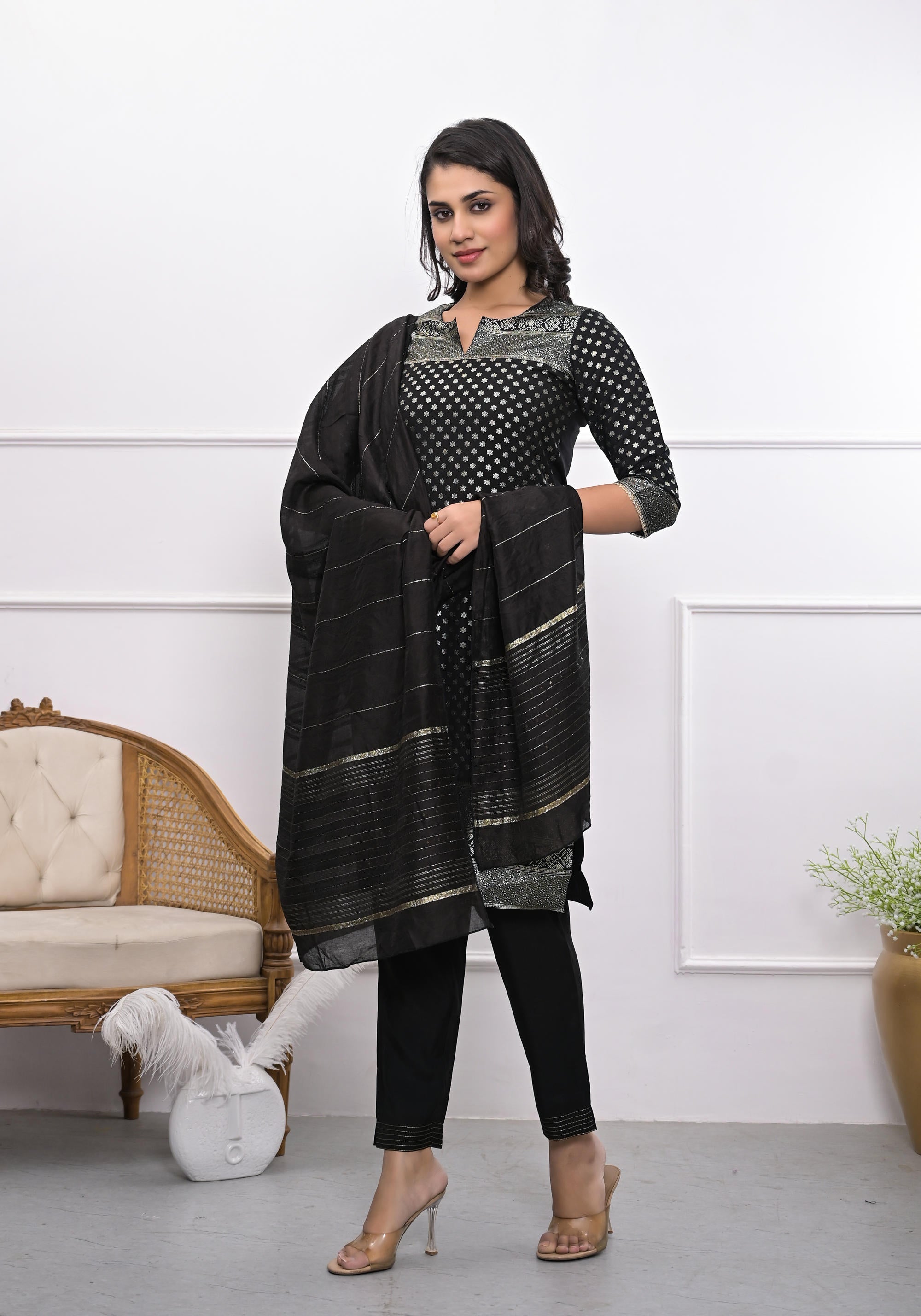 Juniper Women's Black Ethnic Motif Printed Silk Kurta Set With Zari Work - Distacart