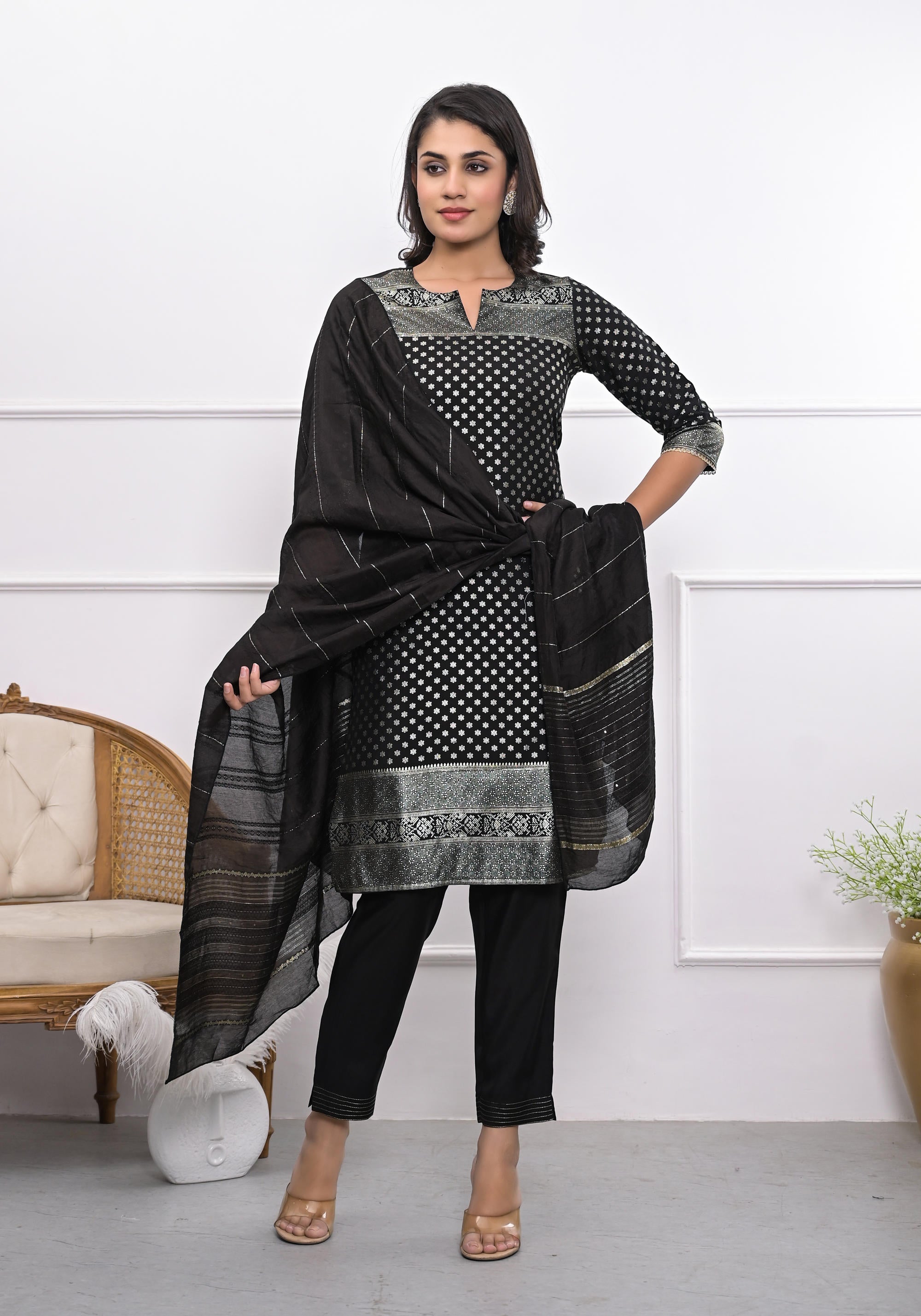 Juniper Women's Black Ethnic Motif Printed Silk Kurta Set With Zari Work - Distacart