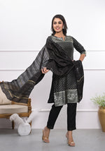 Thumbnail for Juniper Women's Black Ethnic Motif Printed Silk Kurta Set With Zari Work - Distacart