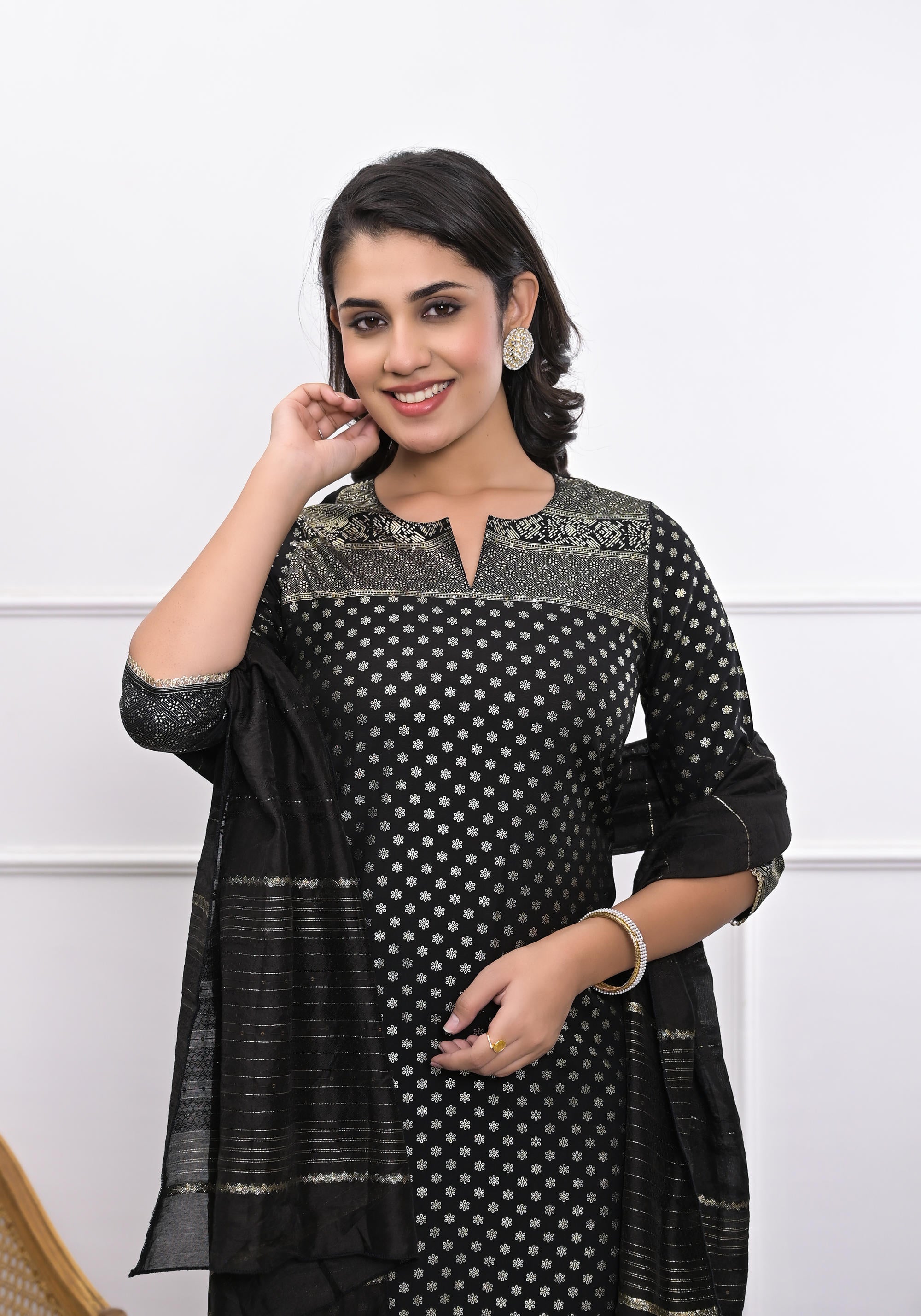 Juniper Women's Black Ethnic Motif Printed Silk Kurta Set With Zari Work - Distacart