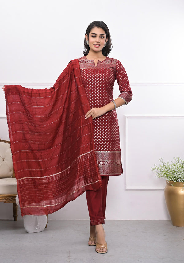 Juniper Women's Maroon Ethnic Motif Printed Silk Kurta Set With Zari Work - Distacart