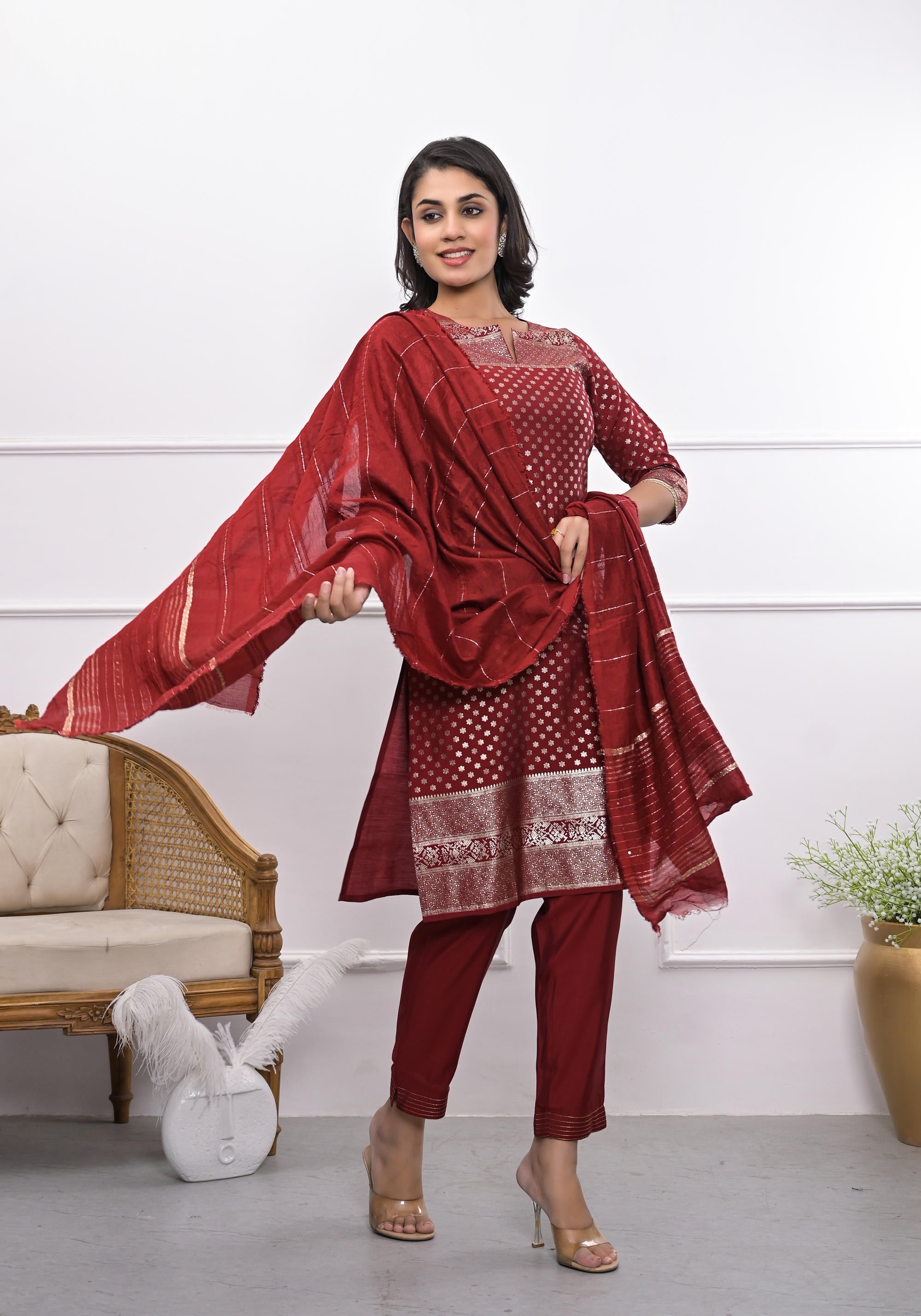 Juniper Women's Maroon Ethnic Motif Printed Silk Kurta Set With Zari Work - Distacart