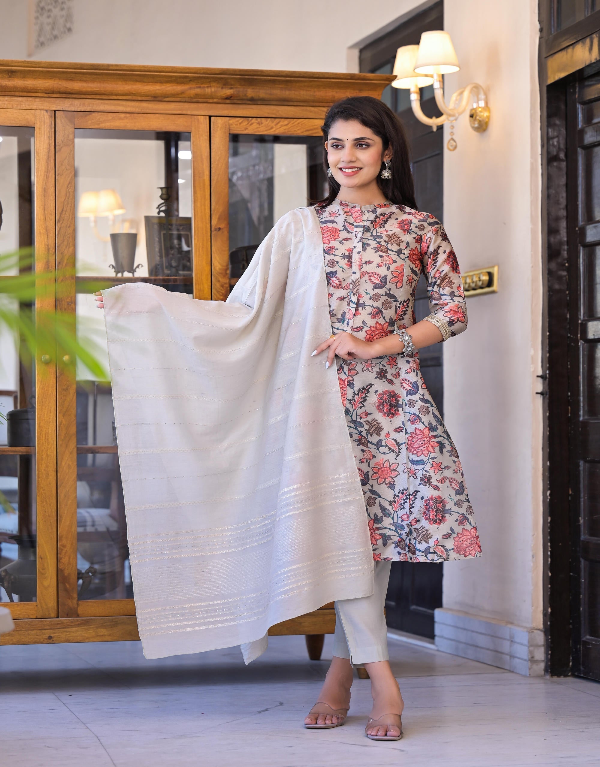 Juniper Women's Off White Floral Printed Silk Kurta Set With Sequins - Distacart