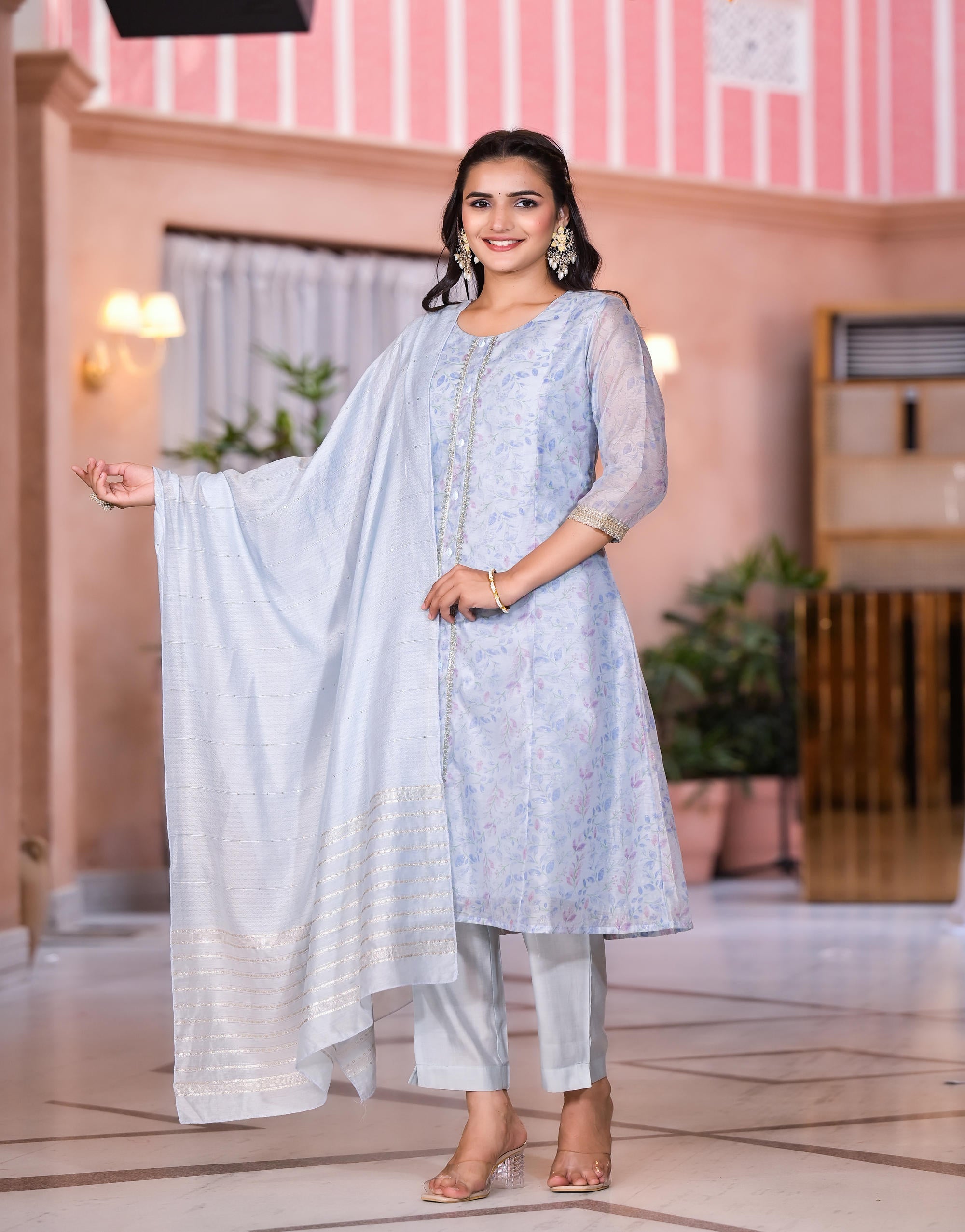 Juniper Women's Grey Floral Printed Chanderi Kurta Set With Lace & Buttons - Distacart
