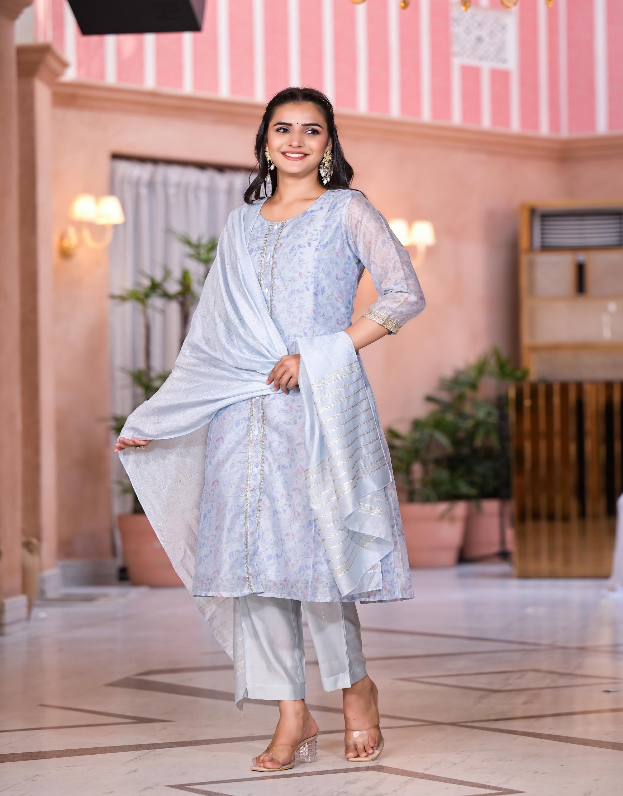Juniper Women's Grey Floral Printed Chanderi Kurta Set With Lace & Buttons - Distacart