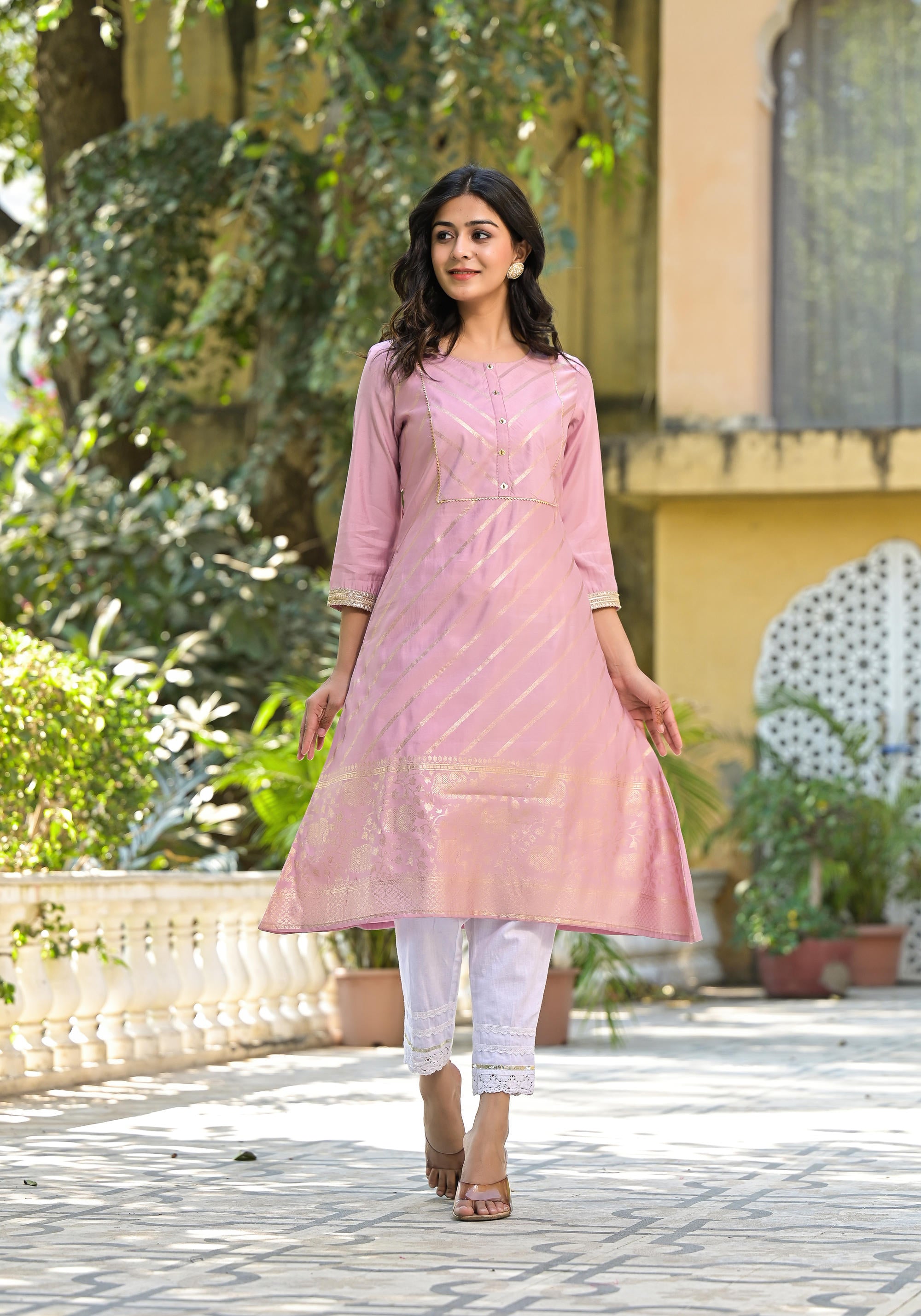 Juniper Women's Pink Floral Printed A-Line Tusser Silk Kurta - Distacart