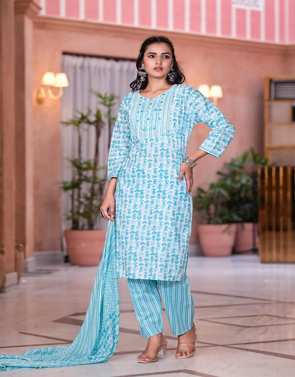Juniper Women's Rama Green Floral Printed Cotton Kurta Set With Mirror & Thread Work - Distacart