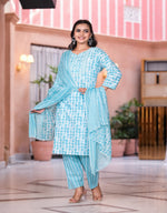 Thumbnail for Juniper Women's Rama Green Floral Printed Cotton Kurta Set With Mirror & Thread Work - Distacart