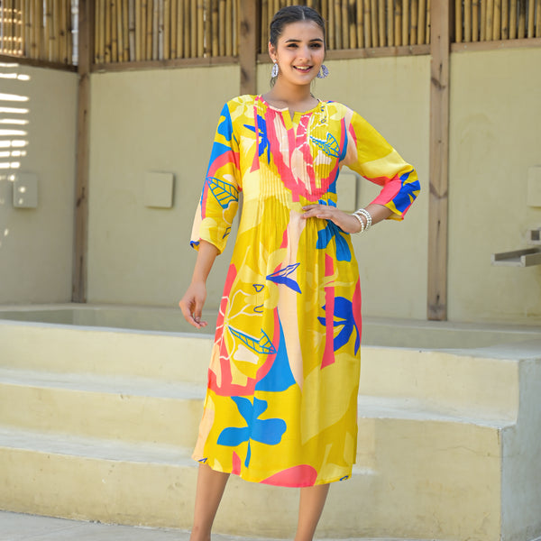 Juniper Women's Yellow Floral Printed Muslin A-Line Dres - Distacart