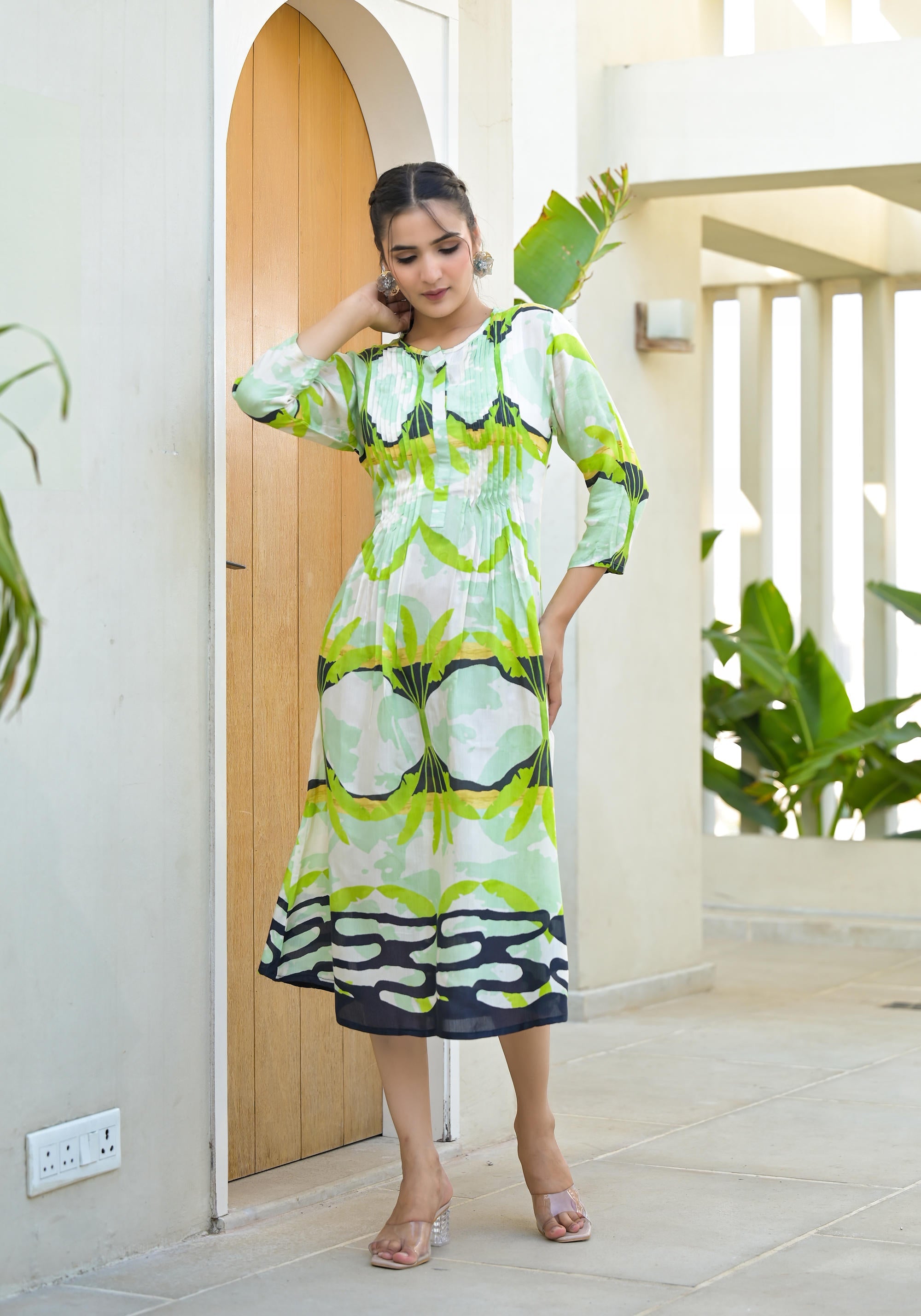 Juniper Green muslin boat neck knee length dress with ethnic print - Distacart