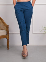 Thumbnail for Juniper Blue Solid Cotton Pants With Partially Elasticated Waistband And Two Side Pockets