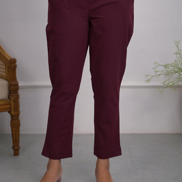 Juniper Women's Burgundy Solid Cotton Pants With Partially Elasticated Waistband And Two Side Pockets - Distacart