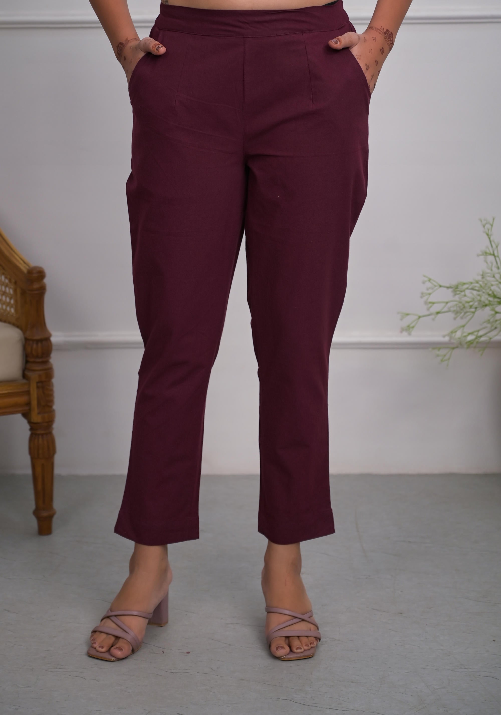 Juniper Women's Burgundy Solid Cotton Pants With Partially Elasticated Waistband And Two Side Pockets - Distacart
