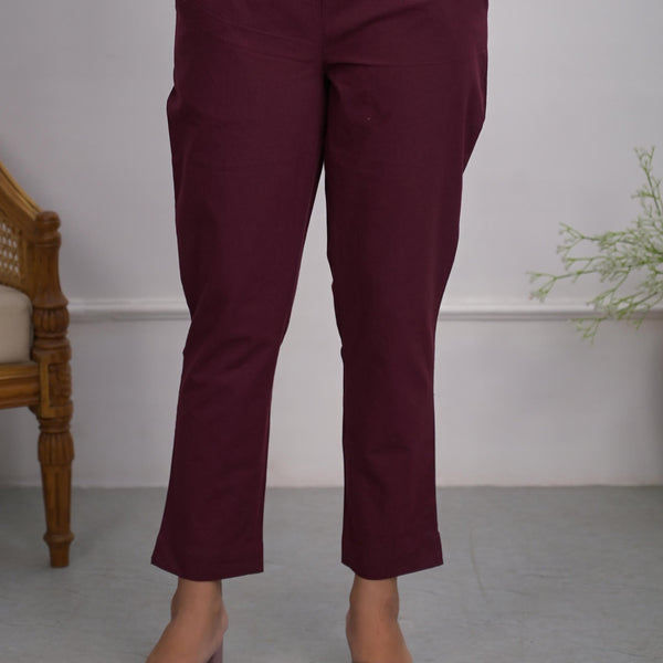 Juniper Burgundy Solid Cotton Pants With Partially Elasticated Waistband And Two Side Pockets - Distacart