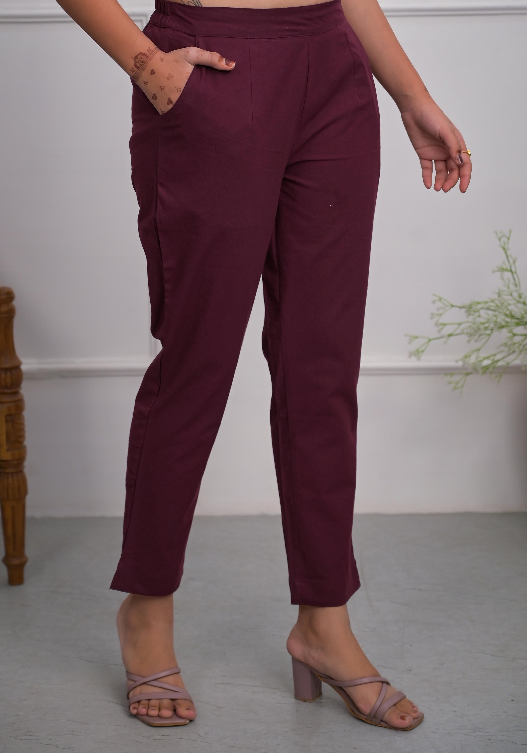 Juniper Women's Burgundy Solid Cotton Pants With Partially Elasticated Waistband And Two Side Pockets - Distacart