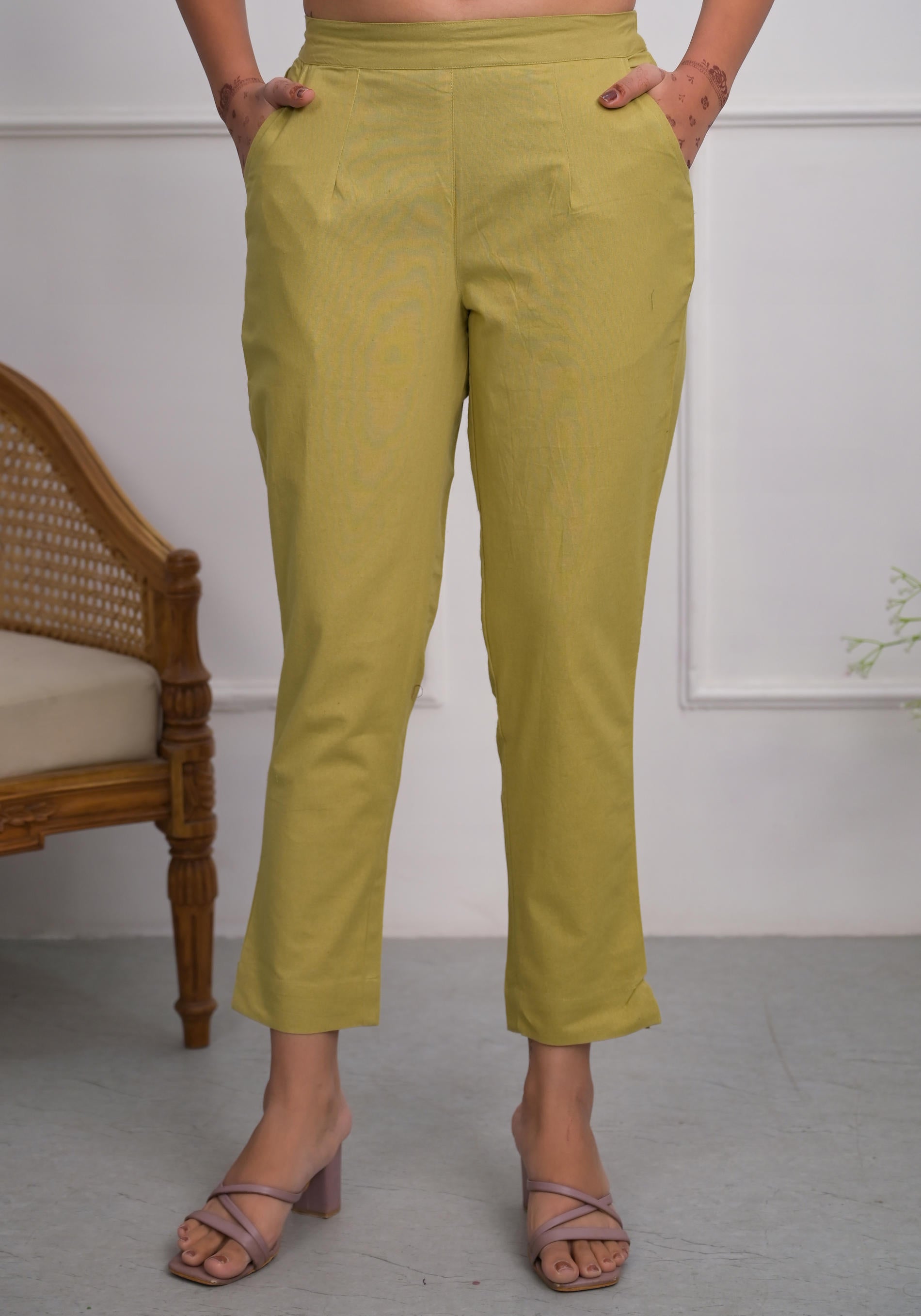 Juniper Khaki Solid Cotton Pants With Partially Elasticated Waistband And Two Side Pockets - Distacart
