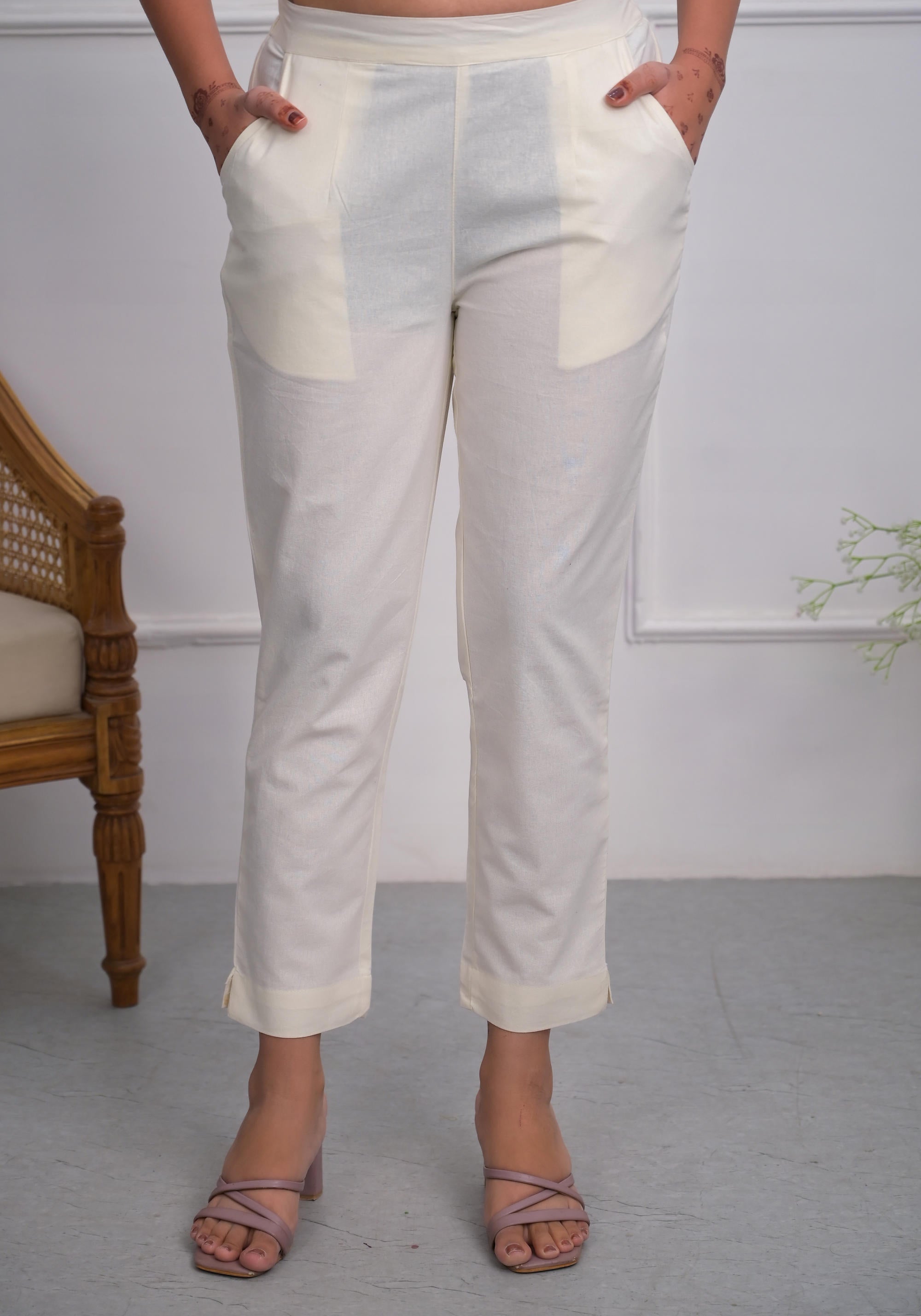 Juniper Women's Off White Solid Cotton Pants With Partially Elasticated Waistband And Two Side Pockets - Distacart