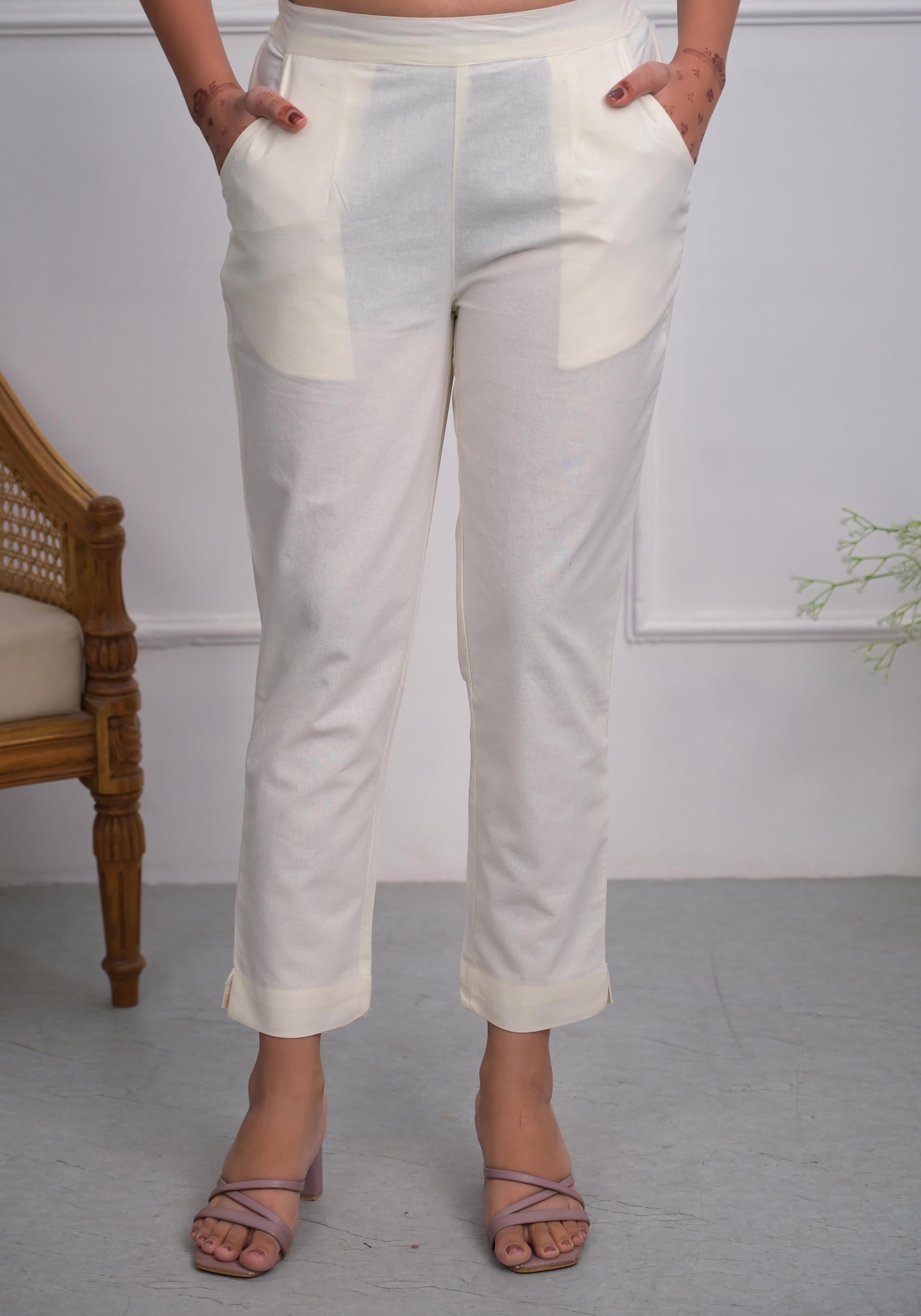 Juniper Off White Solid Cotton Pants With Partially Elasticated Waistband And Two Side Pockets
