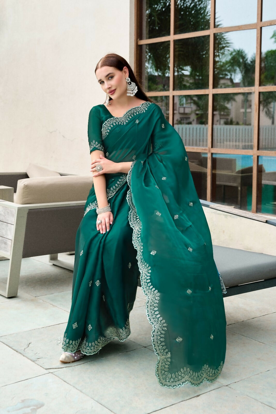 Vastranavya Rama Embroidery Work Shimmer Chiffon Saree with Unstitched Blouse