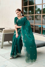 Thumbnail for Vastranavya Rama Embroidery Work Shimmer Chiffon Saree with Unstitched Blouse