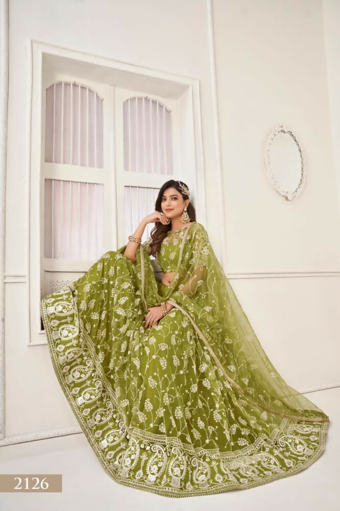 Aastha Fashion Olive Green Butterfly Net White Cotton Thread Work And Sequence Work Embroidery Wedding Wear Lehenga Choli - Distacart
