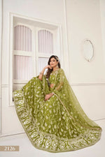 Thumbnail for Aastha Fashion Olive Green Butterfly Net White Cotton Thread Work And Sequence Work Embroidery Wedding Wear Lehenga Choli - Distacart