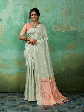 Shree Shyam Fashion Rama Green Linen Cotton Saree - Dista