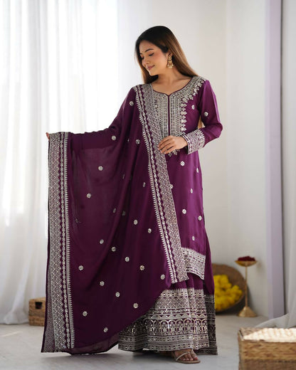 Joban Fashion Wine Kurta Set Silk Sequins , Zari, Coding & Thread Embroidered work - Distacart