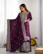 Thumbnail for Joban Fashion Wine Kurta Set Silk Sequins , Zari, Coding & Thread Embroidered work - Distacart
