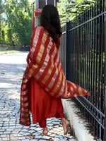Thumbnail for The52 Orange Women's Gorgeous Embroidered work Chanderi Fabric Straight Kurta, Pant and Dupatta Set - Distacart