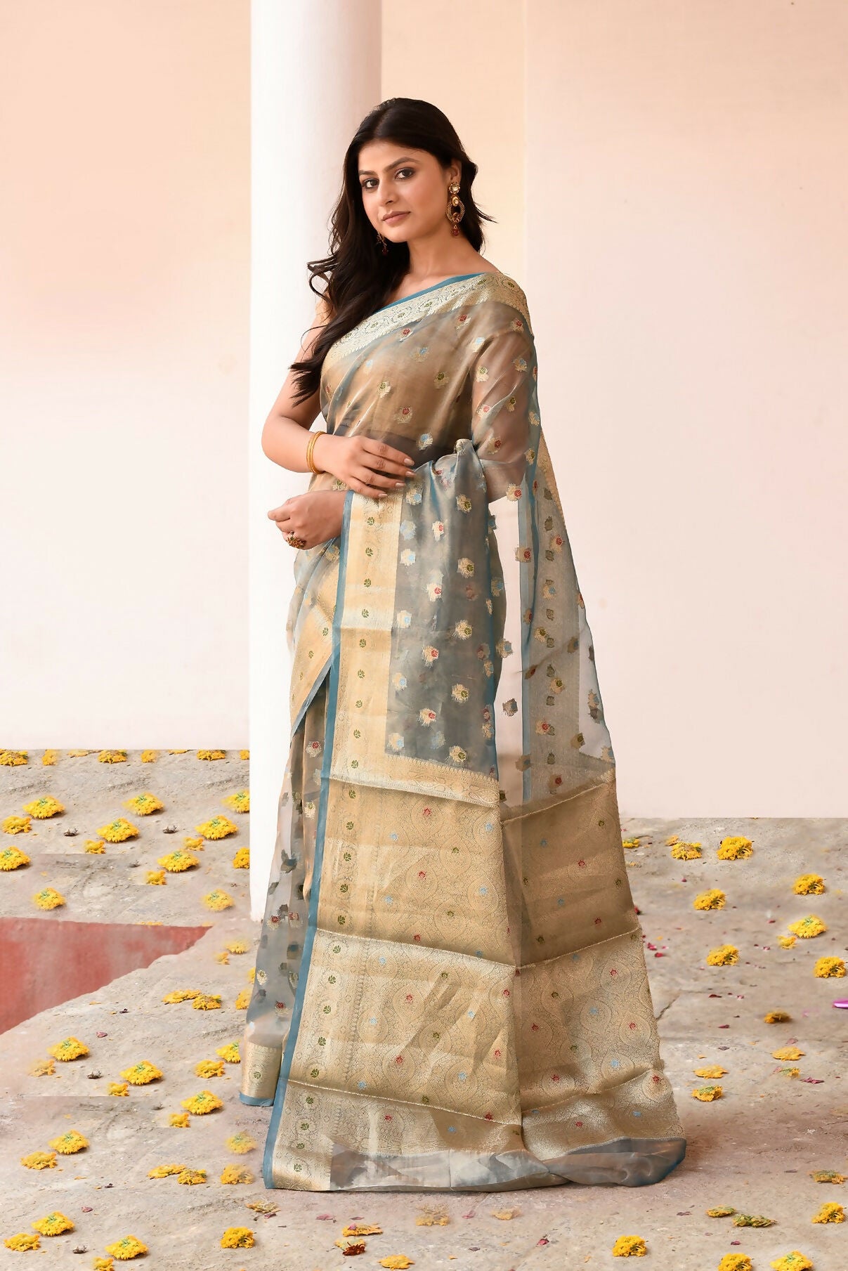Joban Fashion Grey Pure Banarasi Tissue Saree