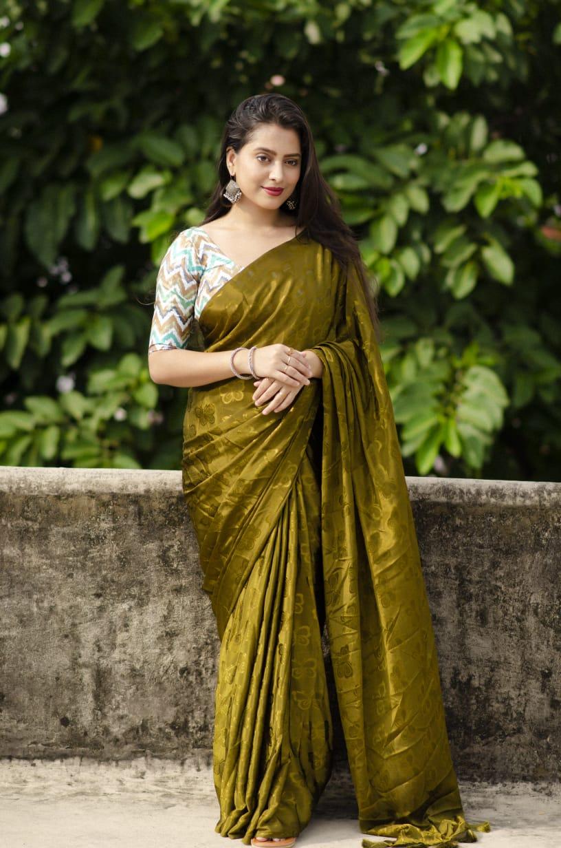Mehndi Silk Blend Ethnic Motifs Saree with Unstitched Blouse - A2M - Distacart