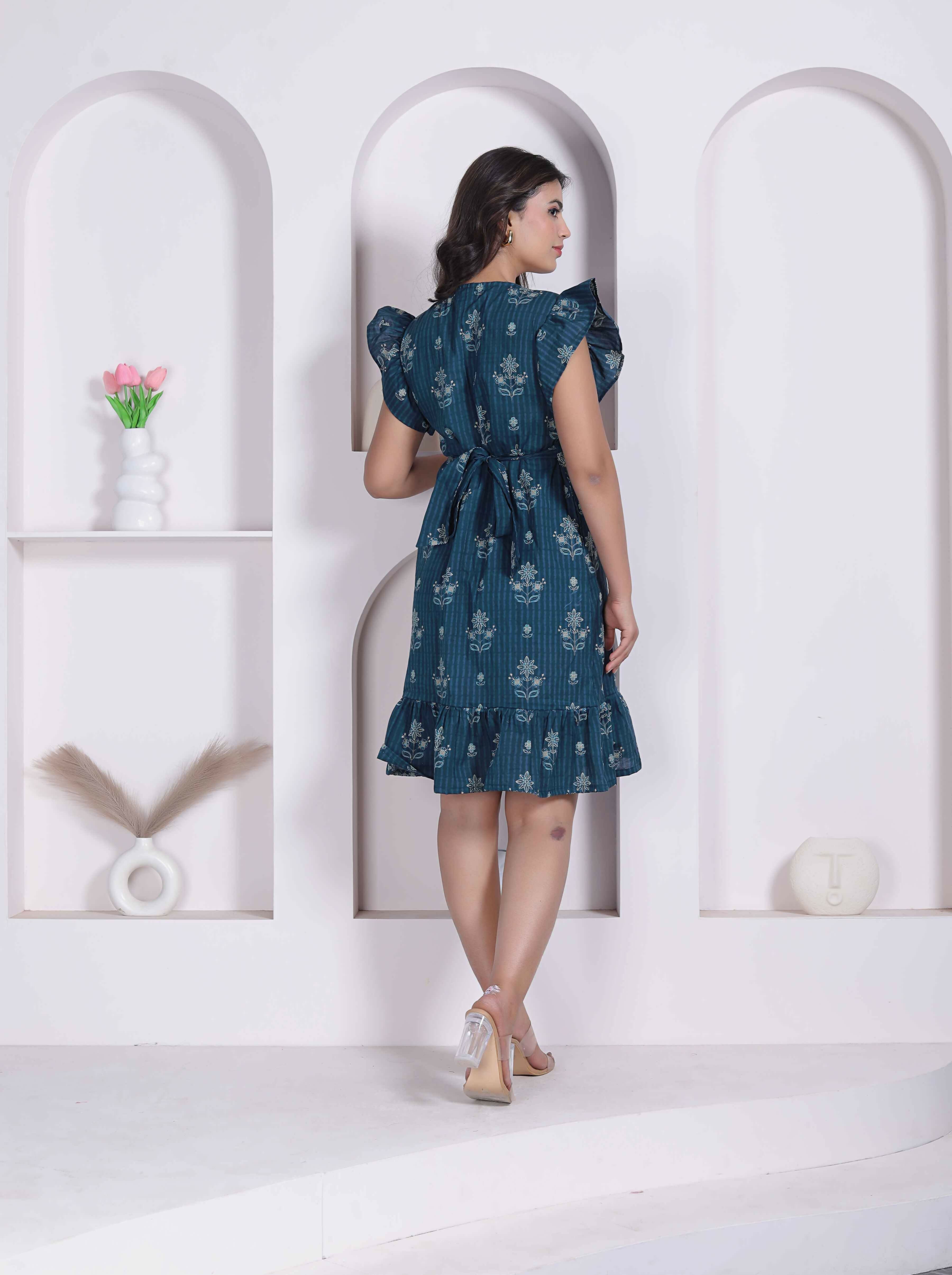 Miravan Women Empire Waist Blue Mini Length Dress - Dista