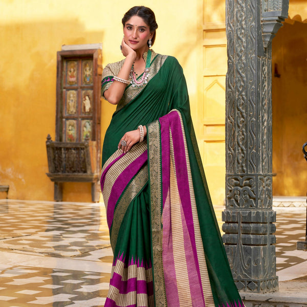 Vastranavya Green Printed with Zari Weaving Work Poly Cotton Saree & Unstitched Blouse - Distacart