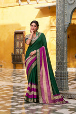 Thumbnail for Vastranavya Green Printed with Zari Weaving Work Poly Cotton Saree & Unstitched Blouse - Distacart