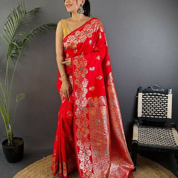 Joban Fashion Meenakari Red Woven Soft Silk Saree - Distacart