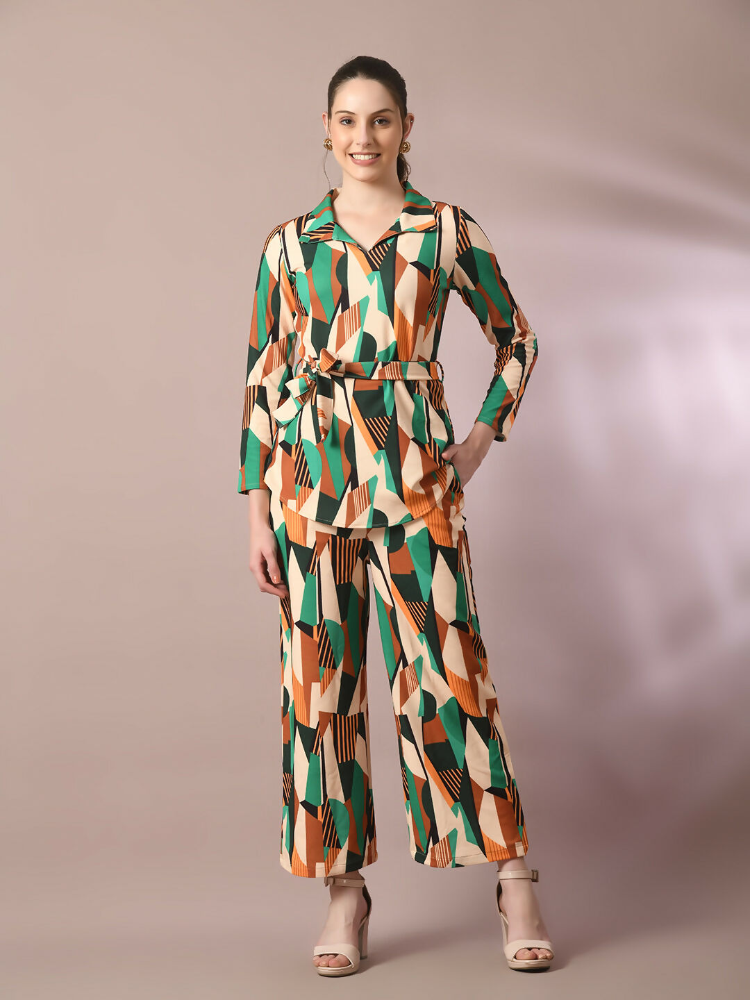 Myshka Women's Multi Printed Polo Collar Party Top With Trousers Co-ord set - Distacart