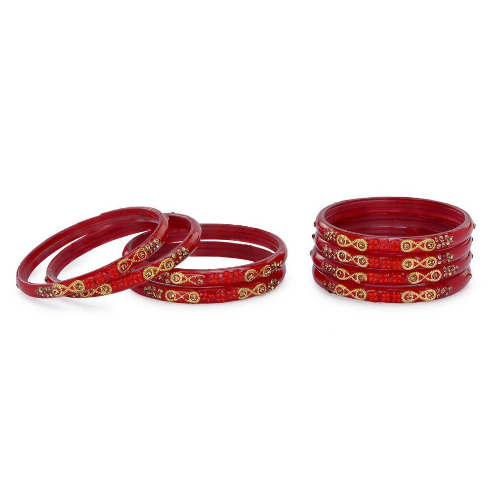 Afast Designer Fancy Party Bangle/ Kada Set, Red, Glass, Pack Of 8 - Distacart