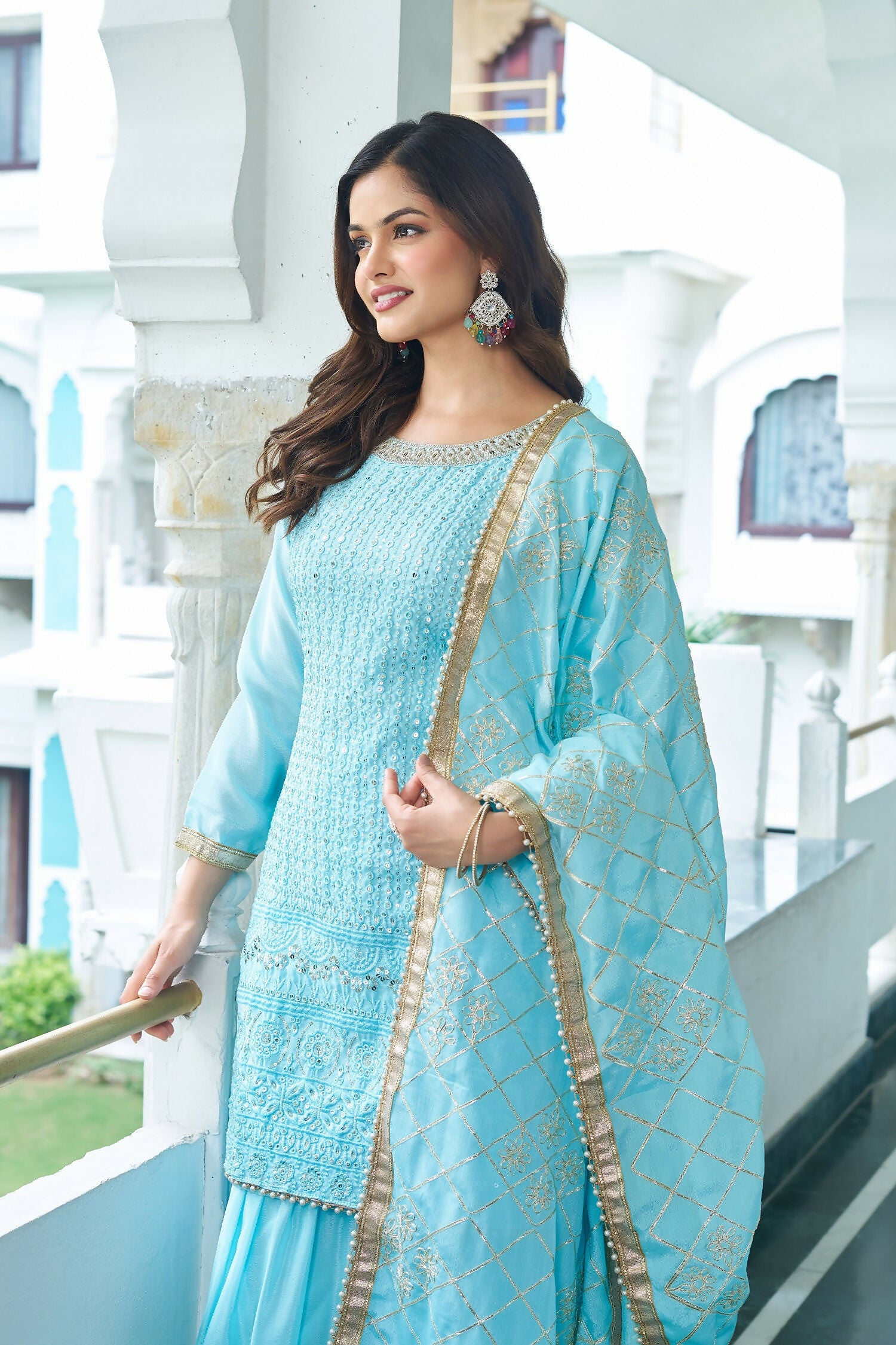 Joban Fashion Sky Blue Chinon Silk Embroidery Sequence Work Readymade Kurta Set - Distacart