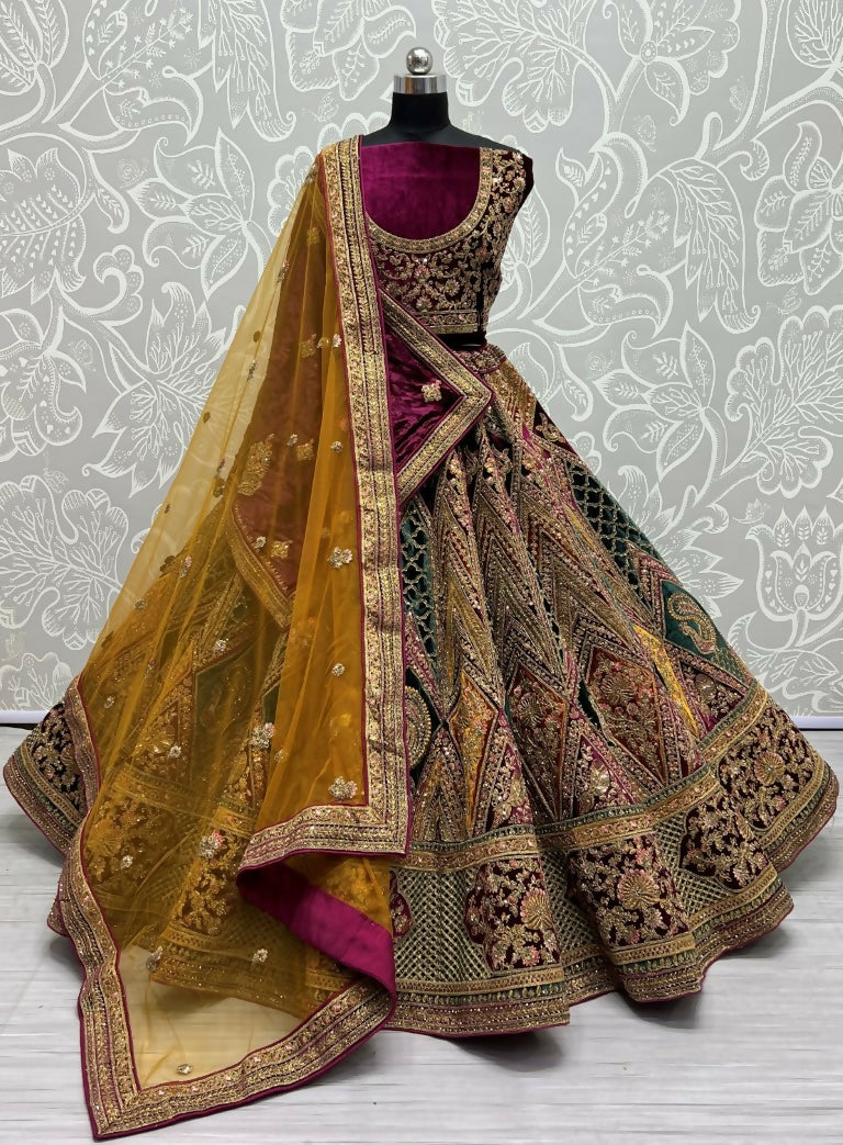 Jyoti Fashion Women's Multicolor Velvet Fancy Patch, Multi Thread Embroidered, Zircon Diamond, Sequins Work Wedding Lehenga Choli - Distacart