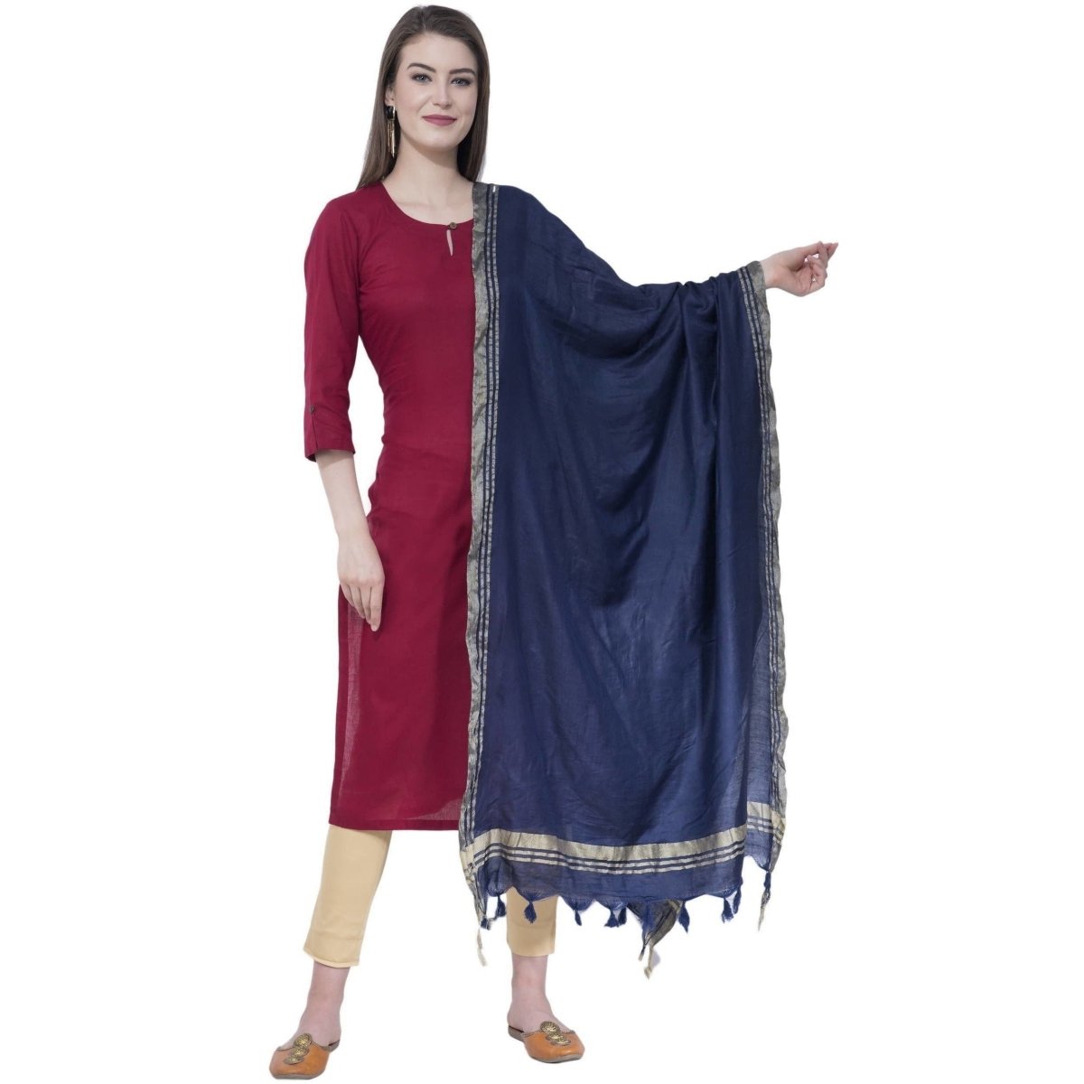 A R SILK Navy Blue Color Golden Border Dupattas and Chunnis