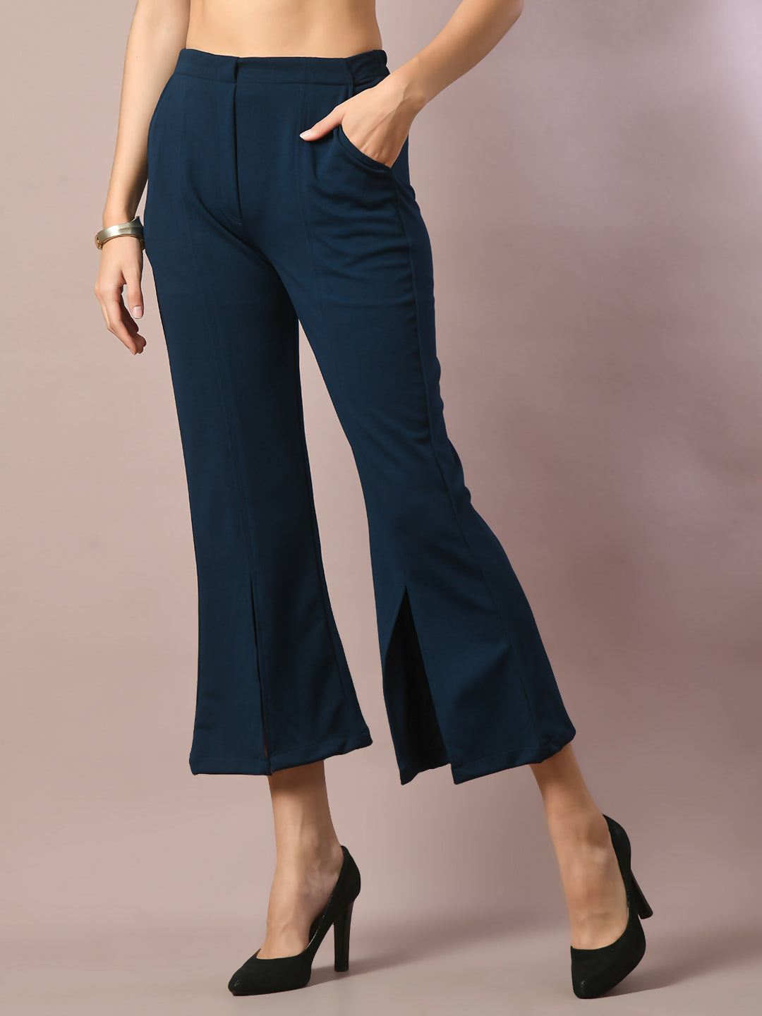 Myshka Women's Blue Solid Party Parallel Trousers - Distacart