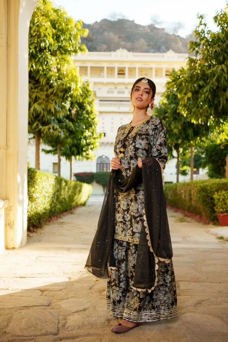 Vaasva Women Navy Blue Muslin Floral & Embroidered Cut Work Kurta ,Sharara & Dupatta set - Distacart