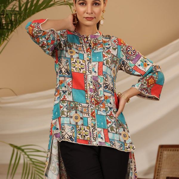 Juniper Multi Patchwork Printed Asymmetric Tunic - Distacart