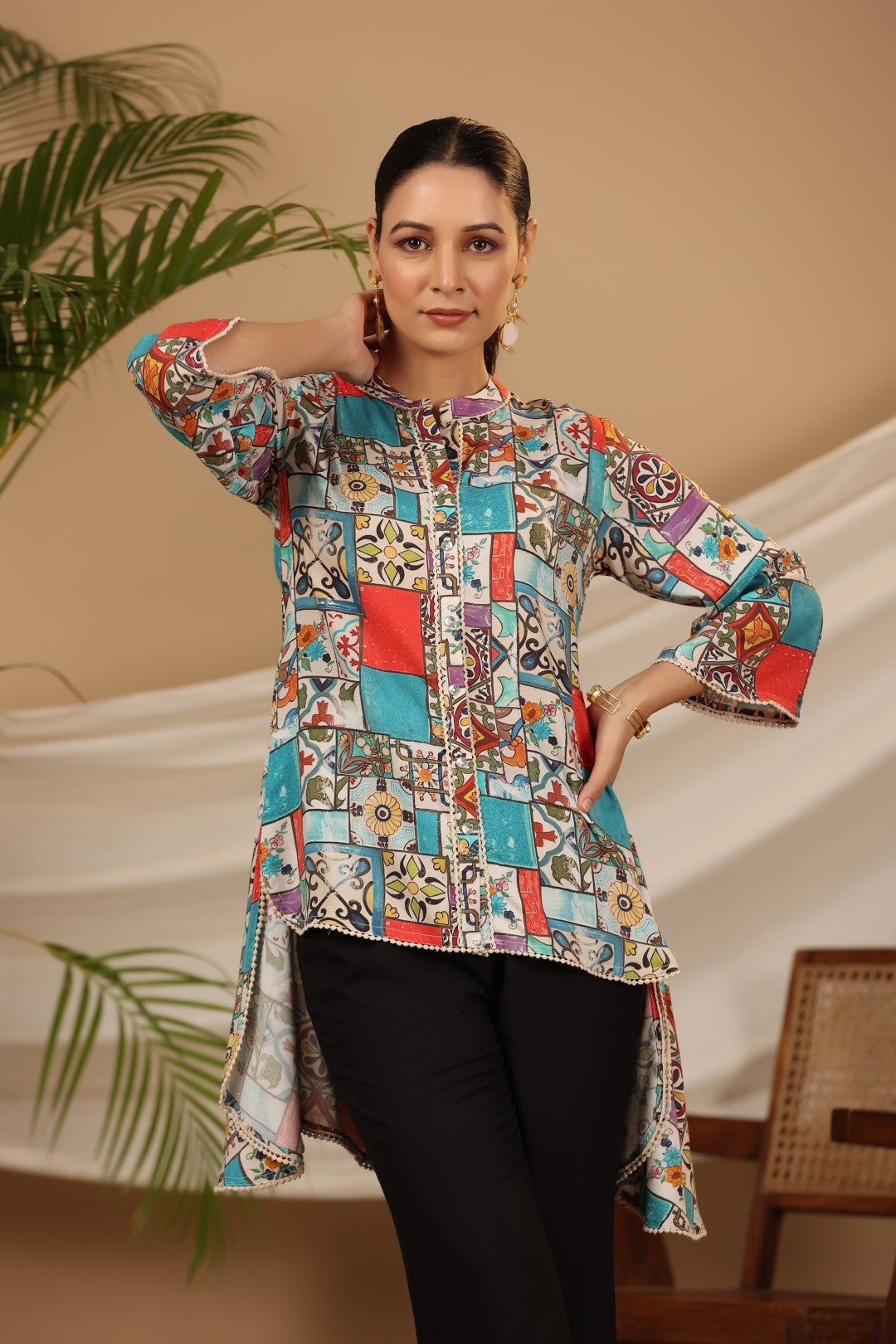 Juniper Multi Patchwork Printed Asymmetric Tunic - Distacart