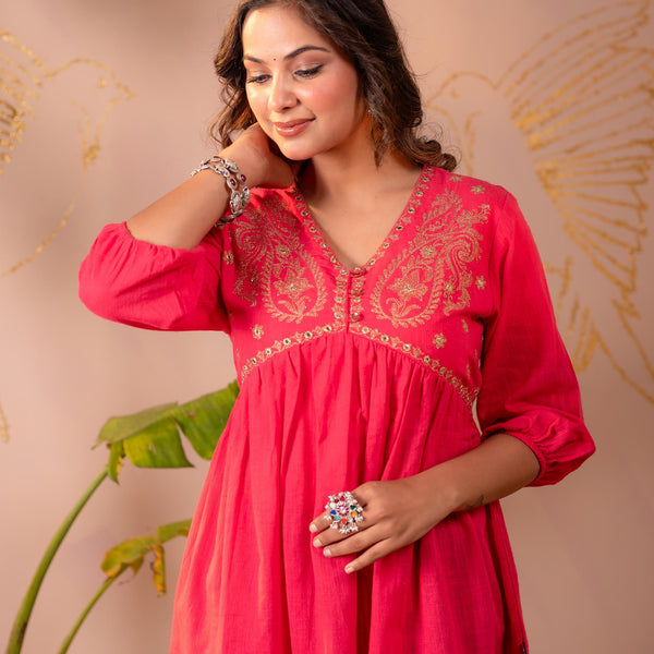 Juniper Fuchsia Embroidered Flared Kurti - Distacart